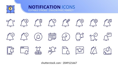 Outline icons about notification. Interface elements. Contains such icons as alert, event, bell, subscribe, ringtone and info. Editable stroke Vector 256x256 pixel perfect