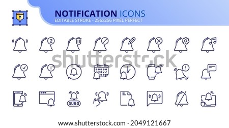 Outline icons about notification. Interface elements. Contains such icons as alert, event, bell, subscribe, ringtone and info. Editable stroke Vector 256x256 pixel perfect