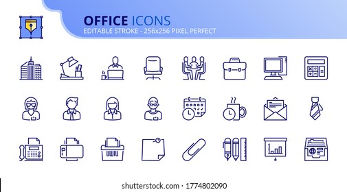 Outline icons about office. Business concept. Contains such icons as businessman, businesswoman, workplace, office supplies and devices. Editable stroke Vector 256x256 pixel perfect