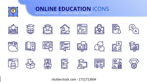 Contorno a iconos sobre educación en línea. Contiene iconos como e-learning, video tutorial, e-book, formación y webinar. Trazo editable. Vector - 256x256 píxeles perfecto.