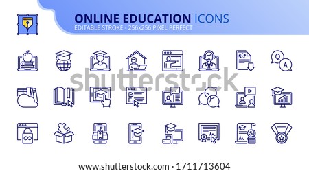 Outline icons about online education. Contains such icons as e-learning, video tutorial, e-book, training and webinar.  Editable stroke. Vector - 256x256 pixel perfect.