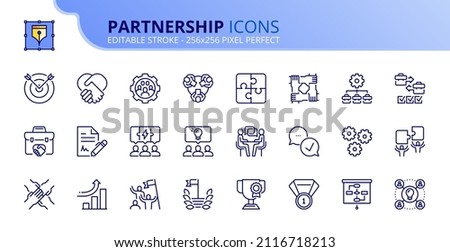 Outline icons about partnership. Contains such icons as business, win-win, trust, collaboration, goal, teamwork, share, performance, knowledge and planning Editable stroke Vector 256x256 pixel perfect