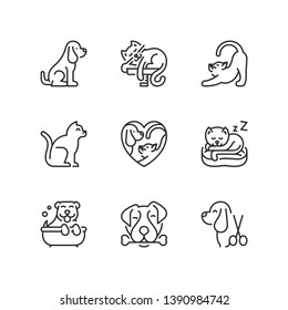 Outline icons about pets. Dogs and cats