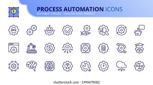 Outline icons about process automation. Contains such icons as robotic, algorithm, artificial intelligence, big data, deep and machine learning. Editable stroke Vector 256x256 pixel perfect