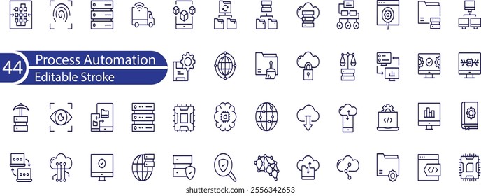 Outline icons about process automation. Contains such icons as robotic, algorithm, artificial intelligence, big data, deep and machine learning.