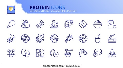 Umrisse von Symbolen über Proteine. Fleisch, Fisch, Meeresfrüchte, Hülsenfrüchte, Nüsse, Eier und Milcherzeugnisse. Gesundes Essen. Bearbeitbarer Strich. Vektorillustration - 256x256 Pixel perfekt.