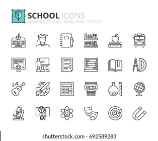 Outline icons about school. Editable stroke. 64x64 pixel perfect.