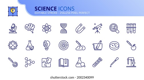 Outline icons about science. Contains such icons as laboratory, vaccine,  chemistry, artificial intelligence, gmo, and nano technology. Editable stroke 