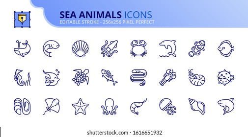 Outline icons about sea animals. Sea world. Editable stroke. Vector - 256x256 pixel perfect.