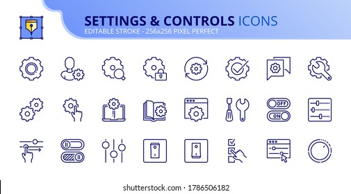 Outline icons about settings and controls. Contains such icons as account settings, up and down, web and applications tools and installing options. Editable stroke Vector 256x256 pixel perfect