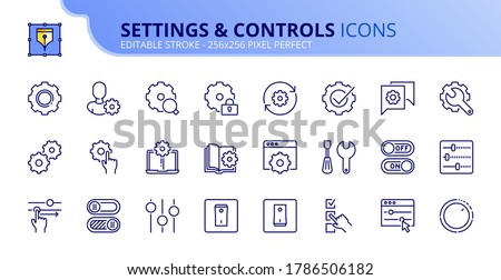 Outline icons about settings and controls. Contains such icons as account settings, up and down, web and applications tools and installing options. Editable stroke Vector 256x256 pixel perfect Foto d'archivio © 