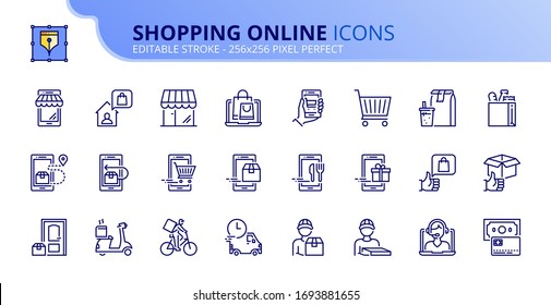 Skizzieren Sie Symbole zum Online-Shopping und zur Lieferung. Bearbeitbarer Strich. Vektorillustration - 256x256 Pixel perfekt.