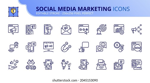 Outline icons about social media marketing. Contains such icons as SEM, followers, content, rating, ad, testimonials, influencer and viral. Editable stroke Vector 256x256 pixel perfect