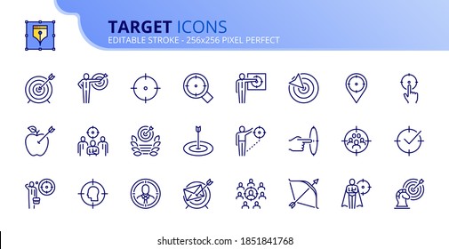 Outline icons about target. Business concepts. Contains such icons as businessman with dart, marketing, goal, targeting strategy and audience.  Editable stroke Vector 256x256 pixel perfect