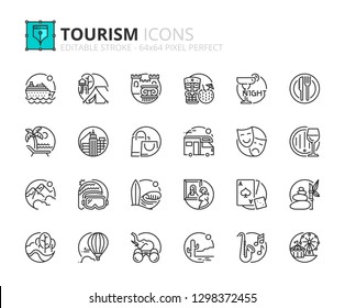 Outline icons about tourism and travel. Editable stroke. 64x64 pixel perfect.