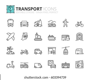 Iconos de esquema sobre el transporte. Trazo editable. 64 x 64 píxeles perfectos.