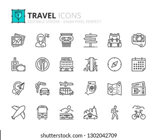 Outline icons about travel. Editable stroke. 64x64 pixel perfect.