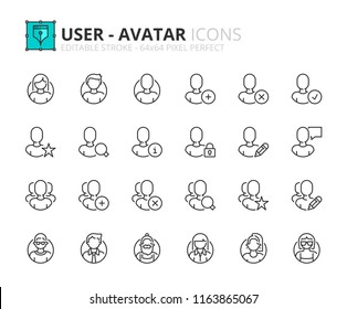 Iconos de esquema sobre la interfaz de usuario y avatares. Trazo editable. 64 x 64 píxeles perfectos.