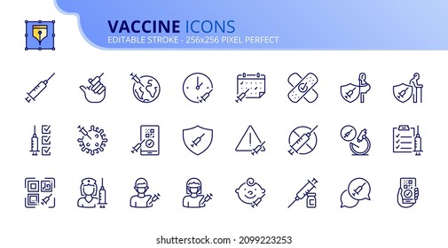 Outline icons about vaccine. Science and medicine. Contains such icons as injections, vaccination schedule, digital certificate and virus protection. Editable stroke Vector 256x256 pixel perfect