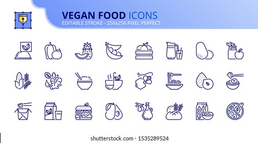 Outline icons about vegan food. Fruits, vegetables, beans, nuts, grains and soy.  Editable stroke. Vector - 256x256 pixel perfect.