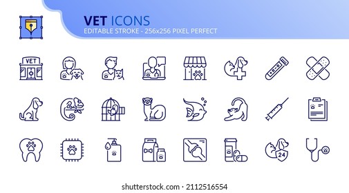 Outline icons about vet. Contains such icons as pets, medical history, vaccines, test, dental care, chips, antiparasitic, and x ray. Editable stroke Vector 256x256 pixel perfect