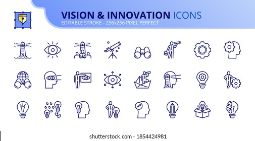 Outline icons about vision and innovation. Business concepts. Contains such icons as businessman with idea, creativity, development and global vision. Editable stroke Vector 256x256 pixel perfect