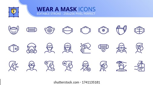 Outline icons about wear a mask. COVID-19 prevention. Contains such icons as how wear and remove the mask, and the different types of face masks. Editable stroke. Vector - 256x256 pixel perfect.