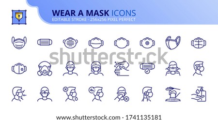 Outline icons about wear a mask. COVID-19 prevention. Contains such icons as how wear and remove the mask, and the different types of face masks. Editable stroke. Vector - 256x256 pixel perfect.