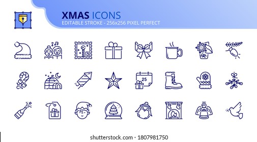 Outline icons about XMAS. Holidays events. Contains such icons as celebrations, Christmas tree, decoration, and gifts. Editable stroke Vector 256x256 pixel perfect