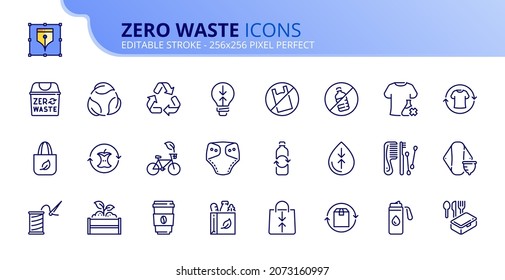 Outline icons about zero waste. Ecology concept. Contains such icons as refuse, reduce, reuse, recycle and rot. Editable stroke Vector 256x256 pixel perfect