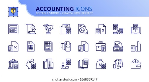 Outline icons accounting. Finances. Contains such icons as calculator, money, audit, tax, assets, revenue, payable, credit, expenditure and ledger. Editable stroke Vector 256x256 pixel perfect