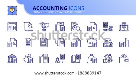 Outline icons accounting. Finances. Contains such icons as calculator, money, audit, tax, assets, revenue, payable, credit, expenditure and ledger. Editable stroke Vector 256x256 pixel perfect