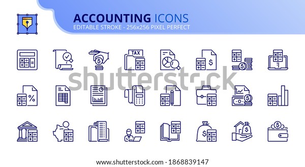 Outline icons accounting. Finances. Contains such\
icons as calculator, money, audit, tax, assets, revenue, payable,\
credit, expenditure and ledger. Editable stroke Vector 256x256\
pixel perfect