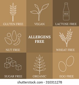 Outline icons for allergens free, vegan, vegetarian and dietary products.