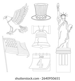 Outline icons of America Independence Day symbols including Liberty statue, eagle, bell and flag in black line style for patriotic designs and celebration cards