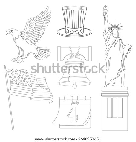 Outline icons of America Independence Day symbols including Liberty statue, eagle, bell and flag in black line style for patriotic designs and celebration cards