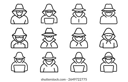 Iconos de esquemas de personajes hackers anónimos que usan sombreros, sudaderas con capucha y gafas de sol posando individualmente