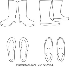 Outline icons of boots, loafers, and insoles. Perfect for fashion guides, footwear infographics, e-commerce illustrations, and minimalist shoe-related branding or vector projects.