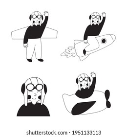 Outline icons. Boy pilot. Vector illustrations on white background.