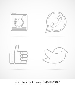 Outline icons of camera, handset, like and bird for social media, websites, interfaces. Vector illustration