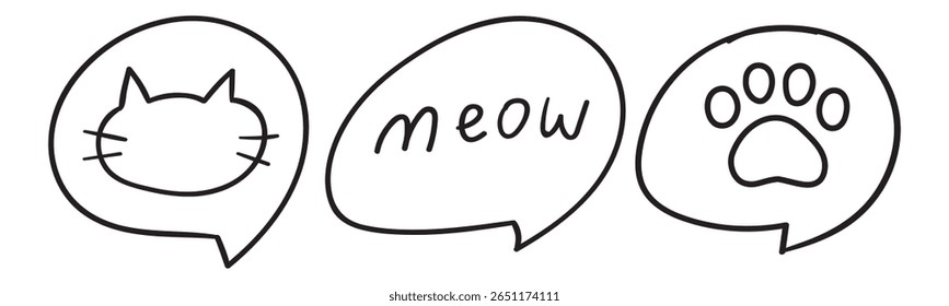Outline icons. Cat paw, Meow, Cat face. Vector design. Illustrations on white background.