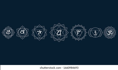 Outline icons chakras set: muladhara, swadhisthana, manipura, anahata, vishuddha, ajna, sahasrara. Vector line symbol. Om sign on a black background. EPS 10 Vector illustration