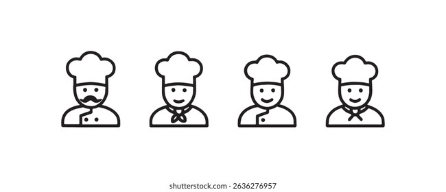 Outline icons of chefs with hats and smiling faces in a row.