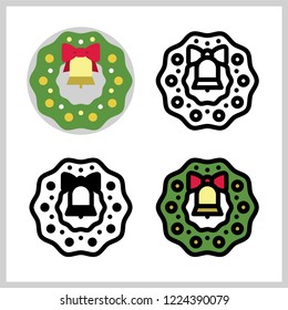 Outline Icons of Christmas Wreath, Symbol of Merry Christmas, Filled Outline Pictogram Graphic for Web Design, Flat Vector Symbol for Winter Holiday