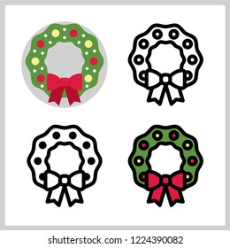 Outline Icons Of Christmas Wreath, Symbol Of Merry Christmas, Filled Outline Pictogram Graphic For Web Design, Flat Vector Symbol For Winter Holiday