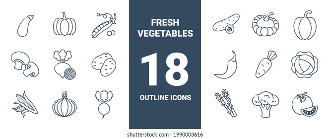 Outline icons collection of fresh vegetables. Vector monochrome illustrations isolated on white background. Healthy food concept.                                                                   