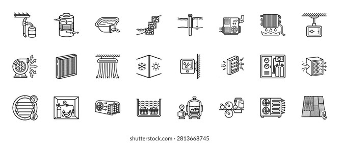 Outline icons collection includes air conditioner, ventilation, air filter, fan, heater, thermostat, cooling system, compressor, water heater, humidifier, sensor, panel, pump, boiler.