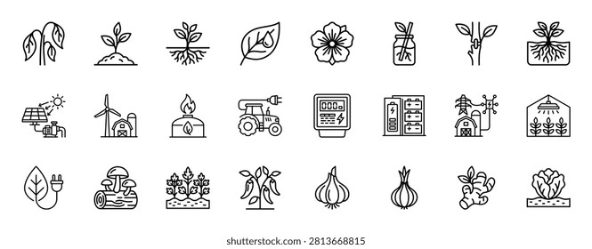 Outline icons collection includes plant, seedling, root, leaf, flower, growing, agriculture, solar pump, wind farm, biogas, tractor, smart farming, battery, farm, greenhouse.