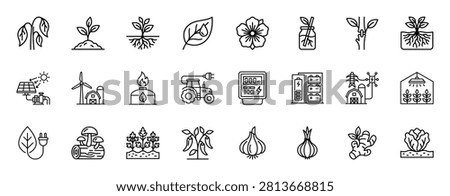 Outline icons collection includes plant, seedling, root, leaf, flower, growing, agriculture, solar pump, wind farm, biogas, tractor, smart farming, battery, farm, greenhouse.