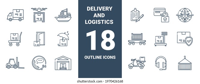 Outline icons collection of logistic and delivery service. Vector monochrome illustrations isolated on white background.